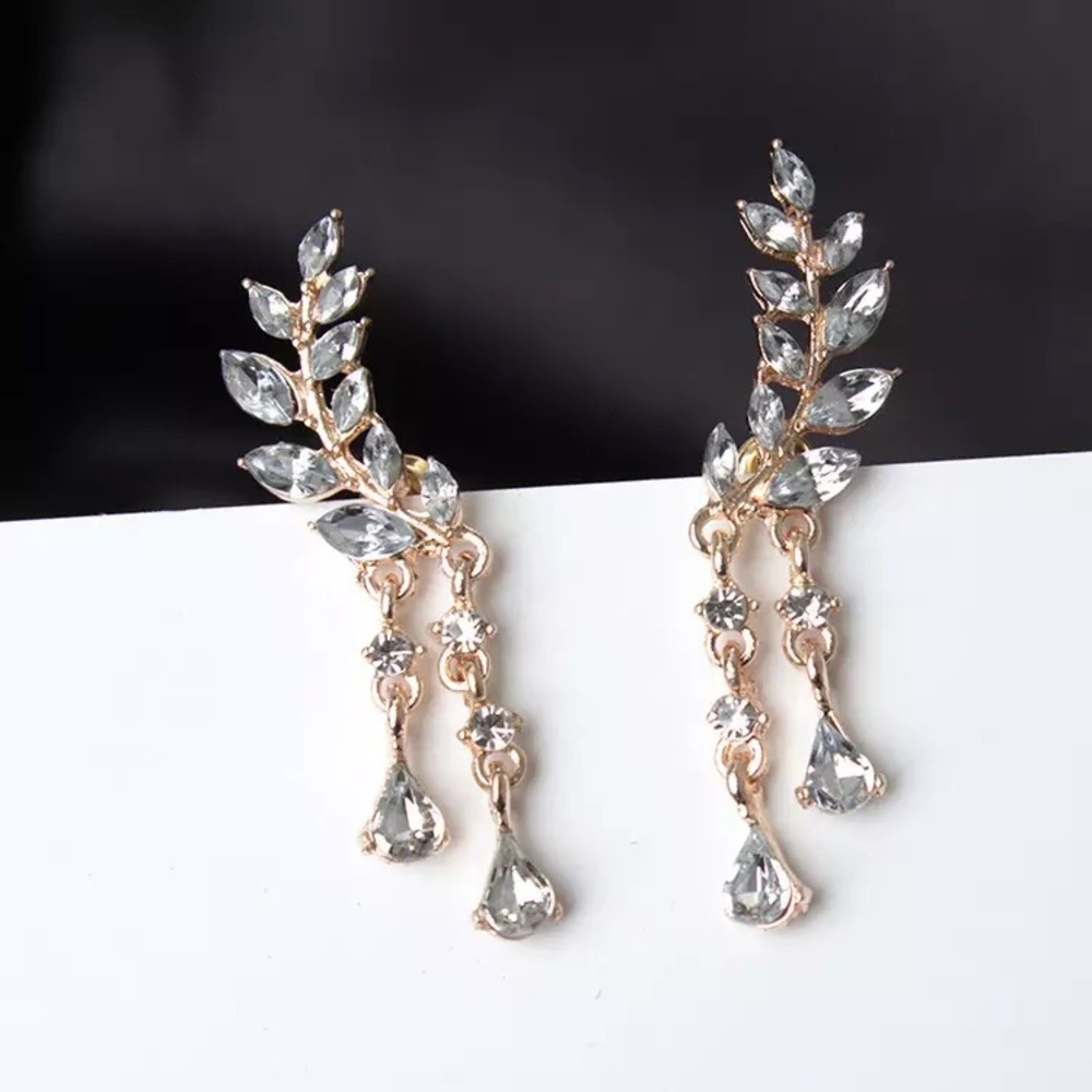“Athena” Goddess Diamond Leaf Climber/Crawler Waterfall Crystal Bohemian Earring - Picture 5 of 9